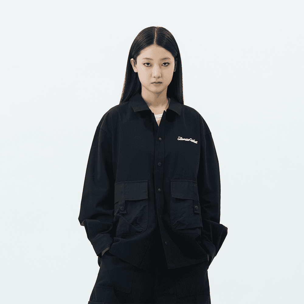 포켓 배색 카라 포인트 오버셔츠 자켓 (블랙)