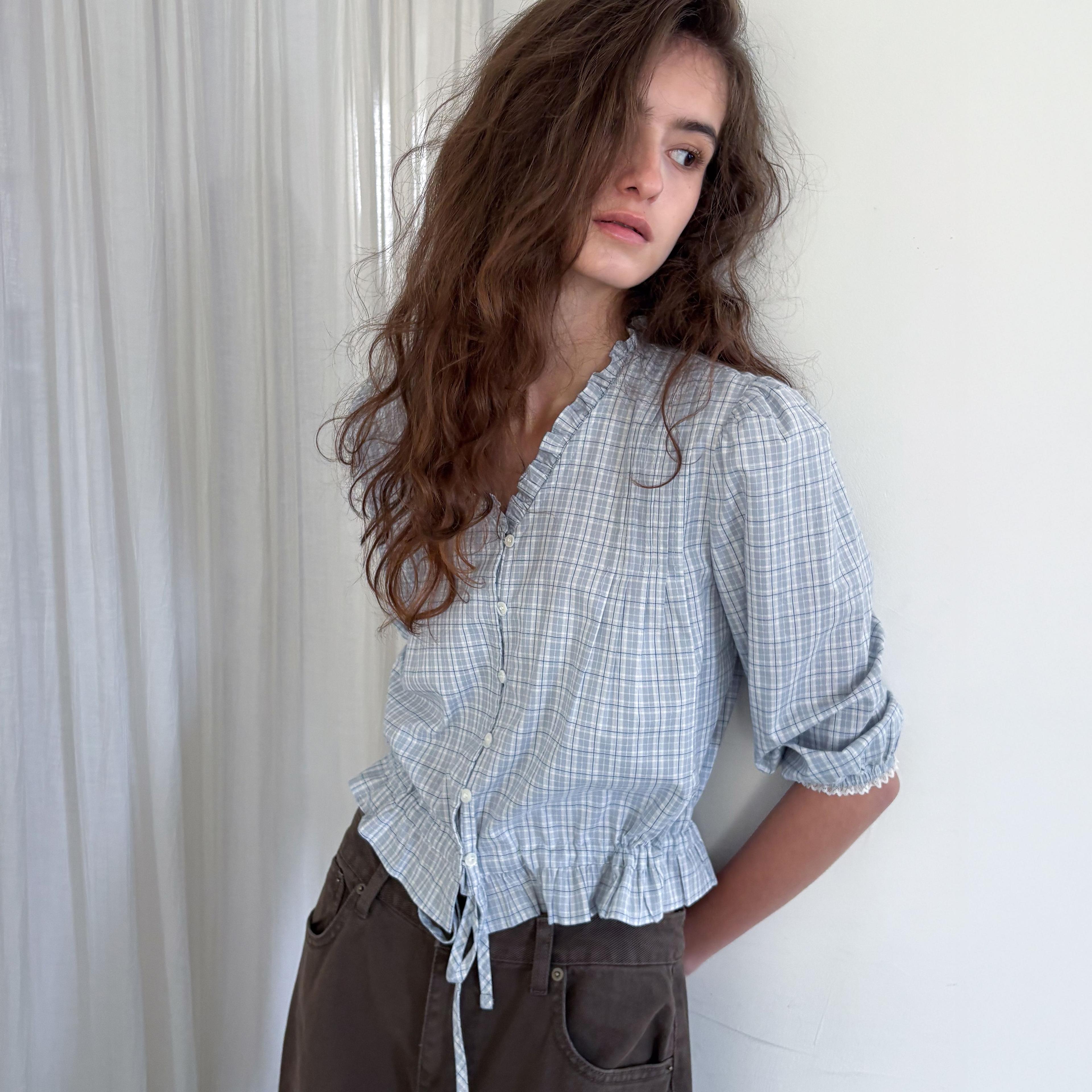 [7th Restock] Bunny Frill Blouse_check blue