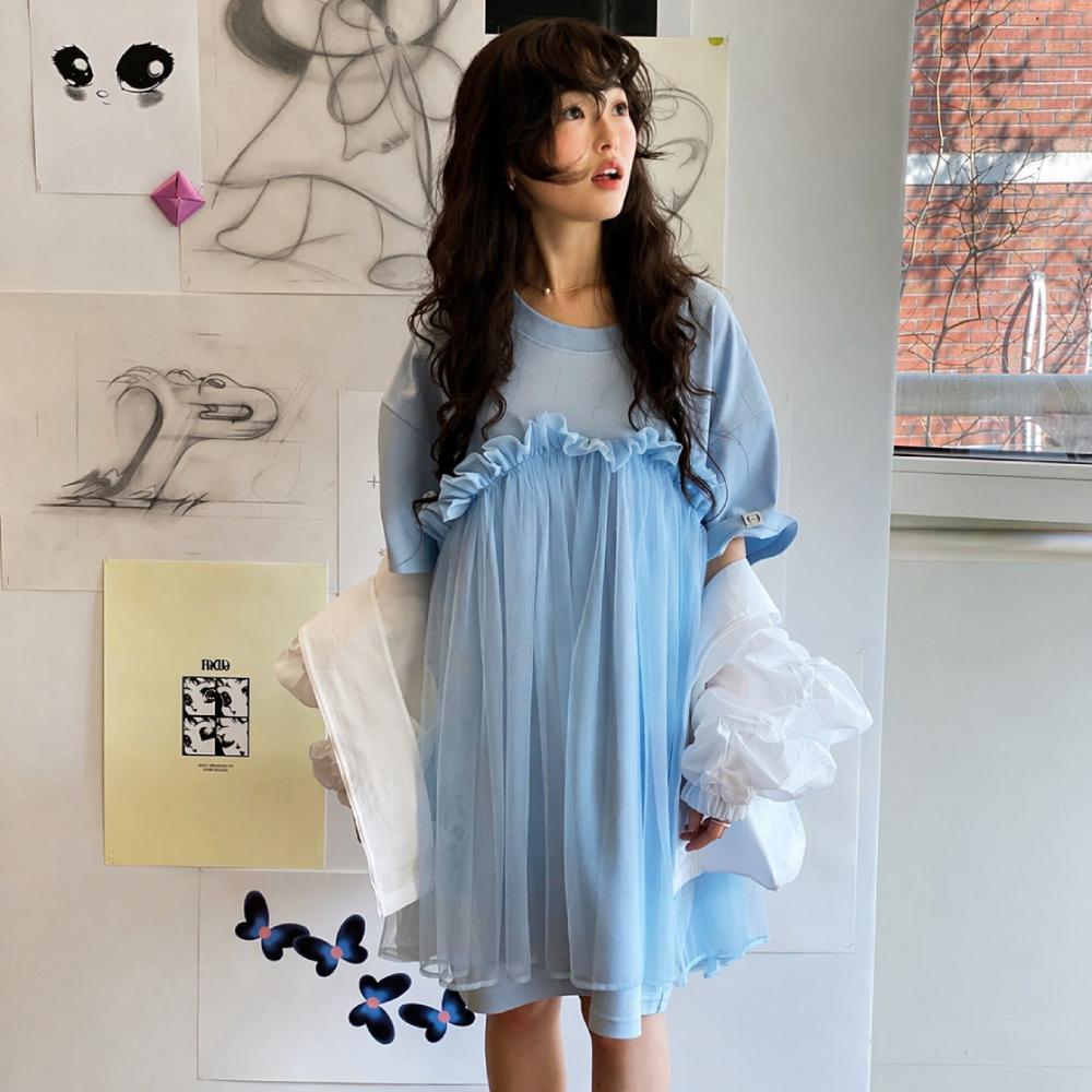 ROUND SHIRRING JERSEY DRESS_SKY BLUE