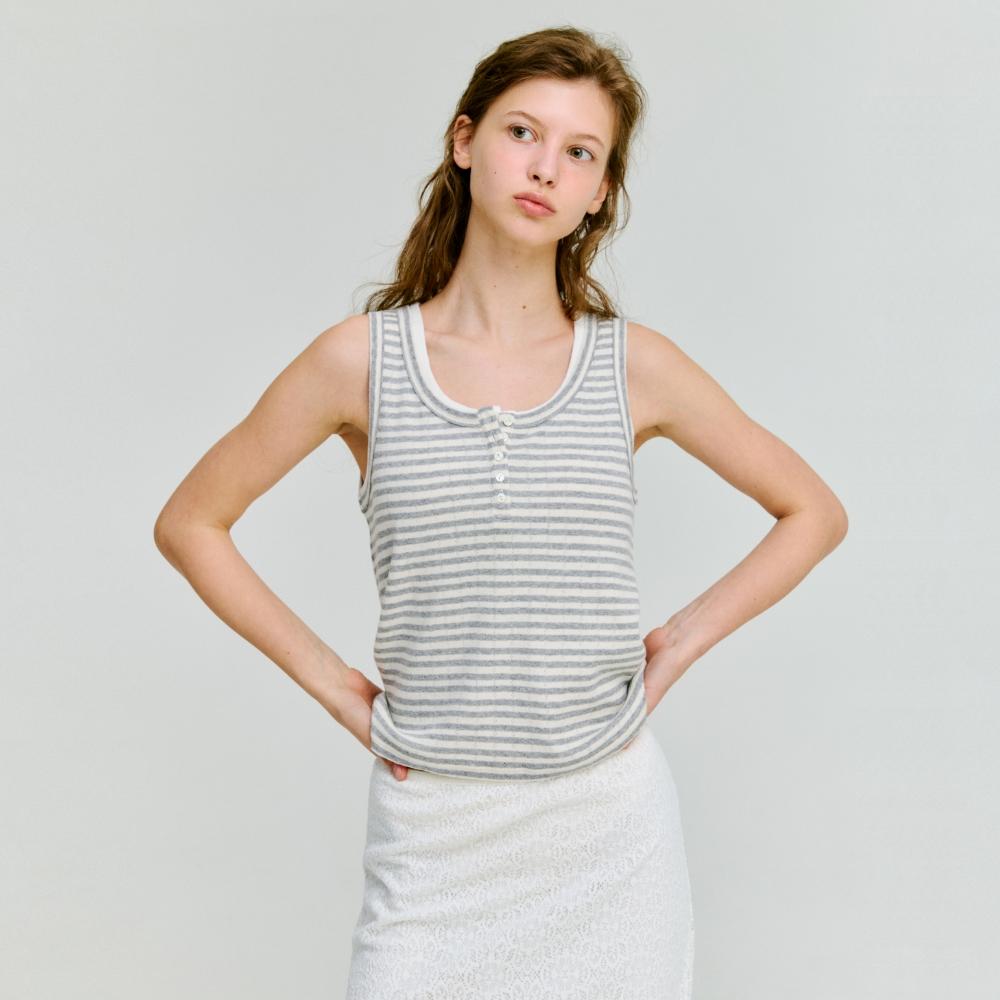 stripe henley sleeveless top - grey