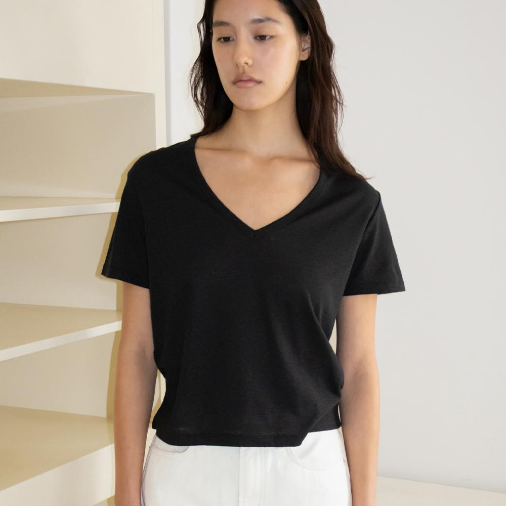 Linen Deep V-Neck T-shirt (Black)