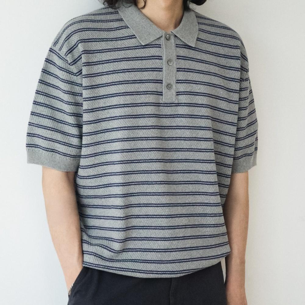 HARD TWIST 2LINE STRIPE POLO KNIT [PRUSSIAN GRAY]