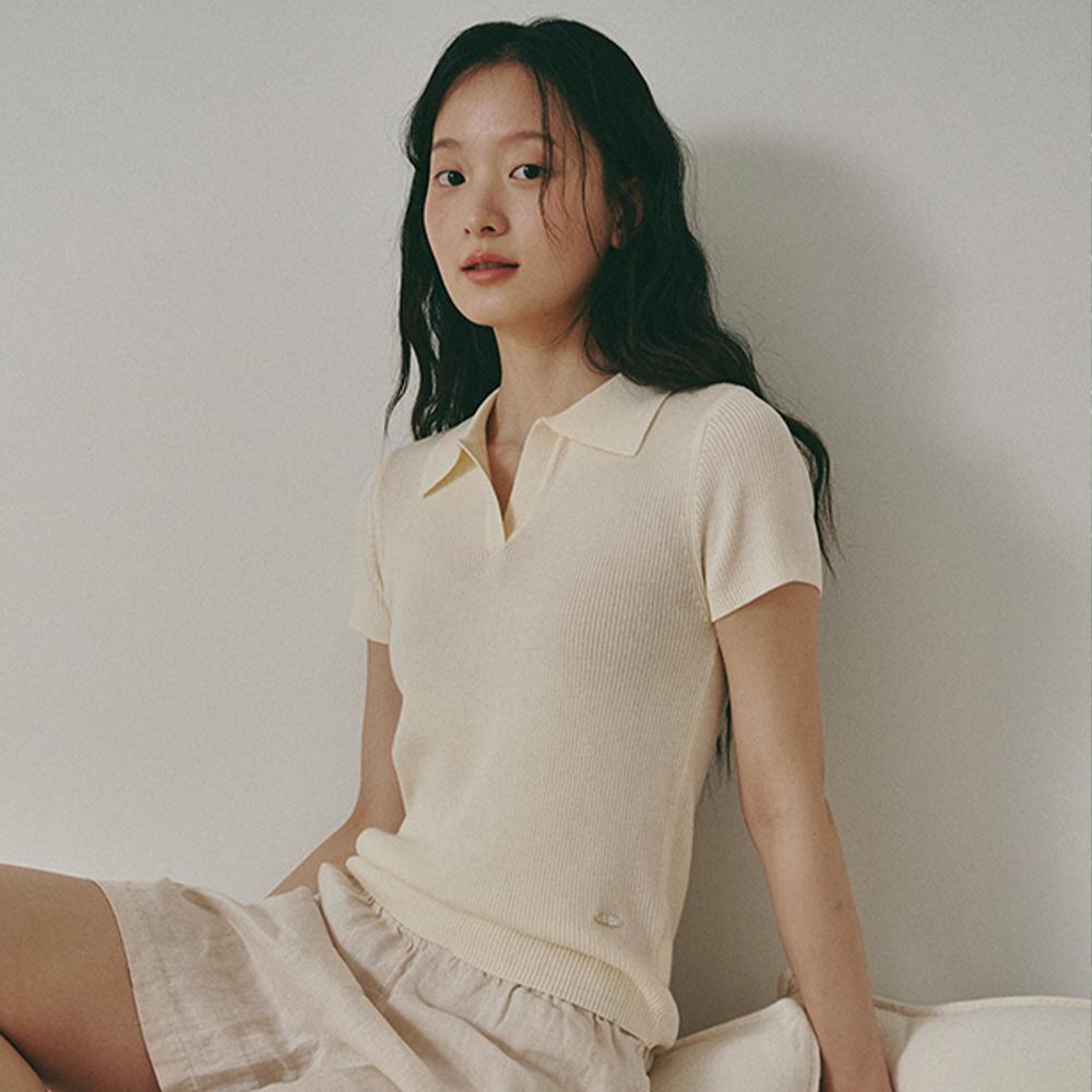 선데이 슬림 골지 카라 반팔 니트