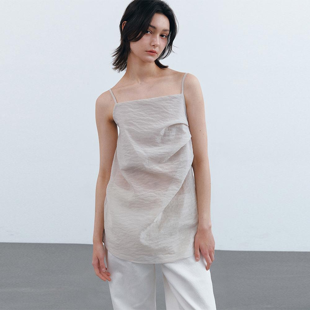 Breezy Serif Shirring Sleeveless Line Blouse (Light Beige)