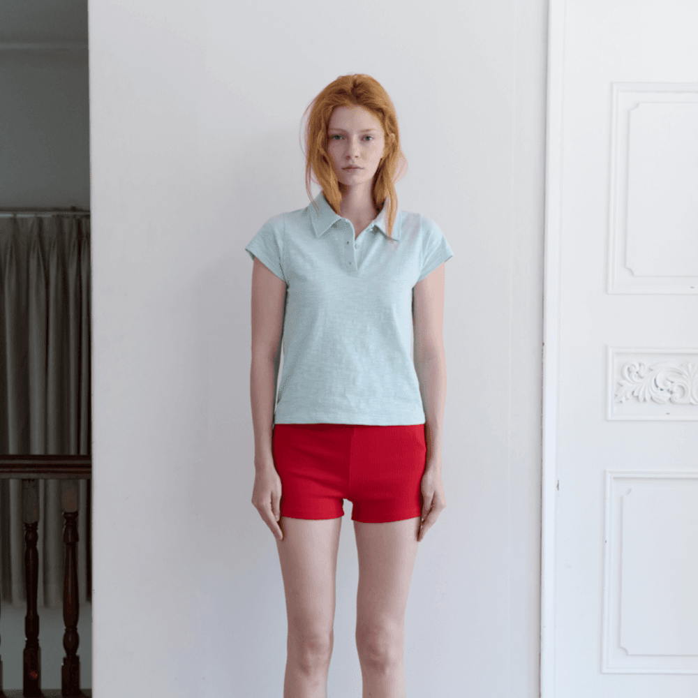 Color Point Collar Top - Aqua Blue