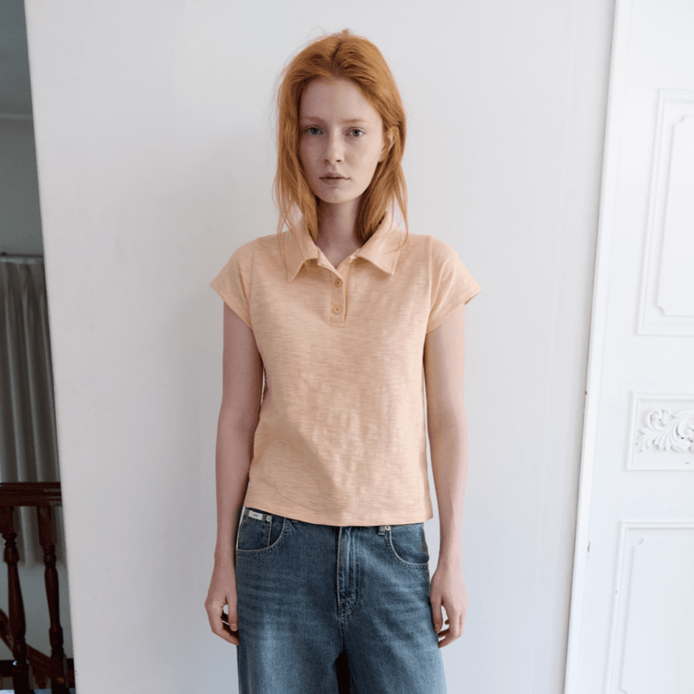 Color Point Collar Top - Salmon