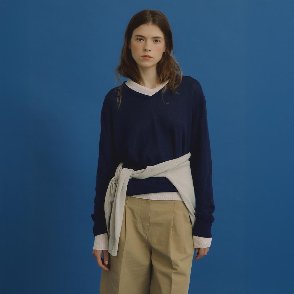 [7/10 예약발송] Paper Cotton V-neck Knit (Cobalt Navy)