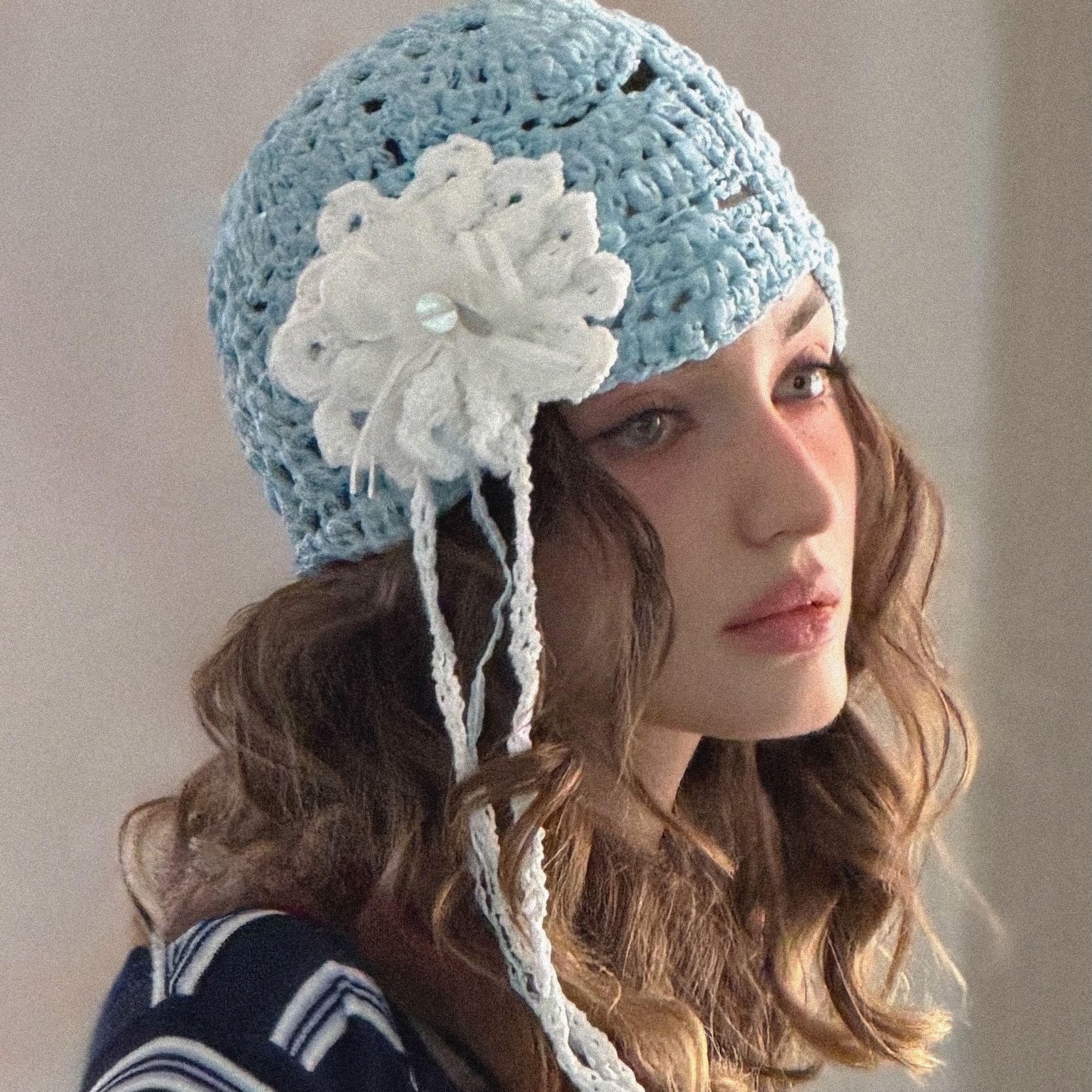 [선물포장] Handmade Sunflower Bouquet Rossete Beanie - Babyblue & White