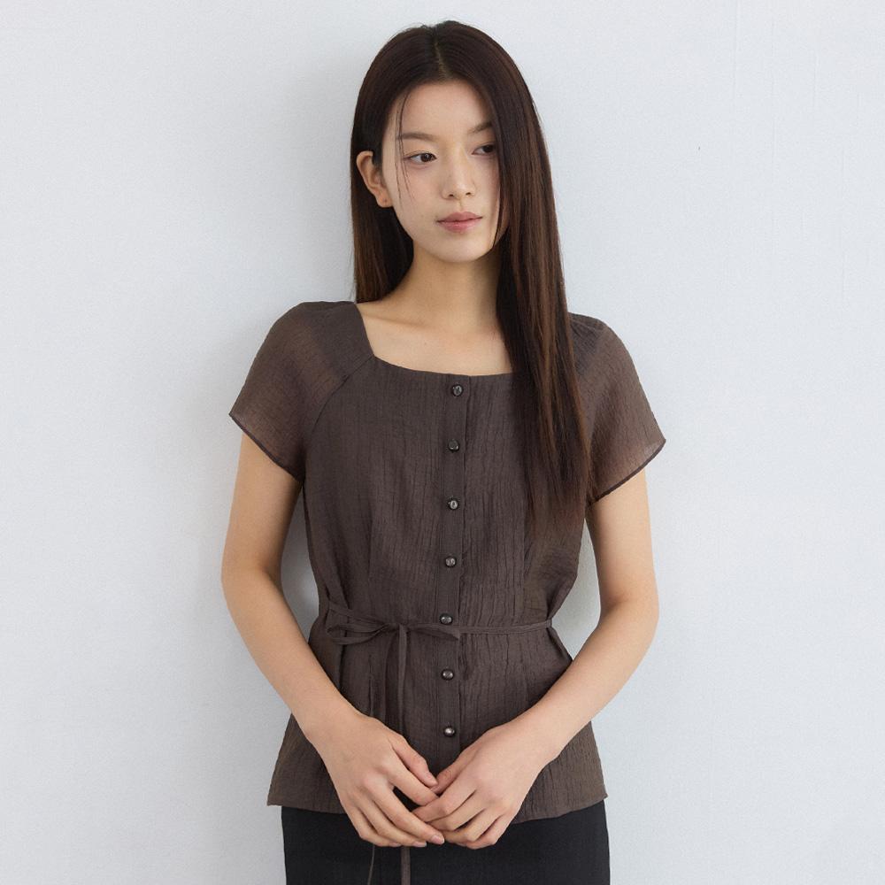 [CL-A/29단독] Square neck pintuck see through blouse - brown