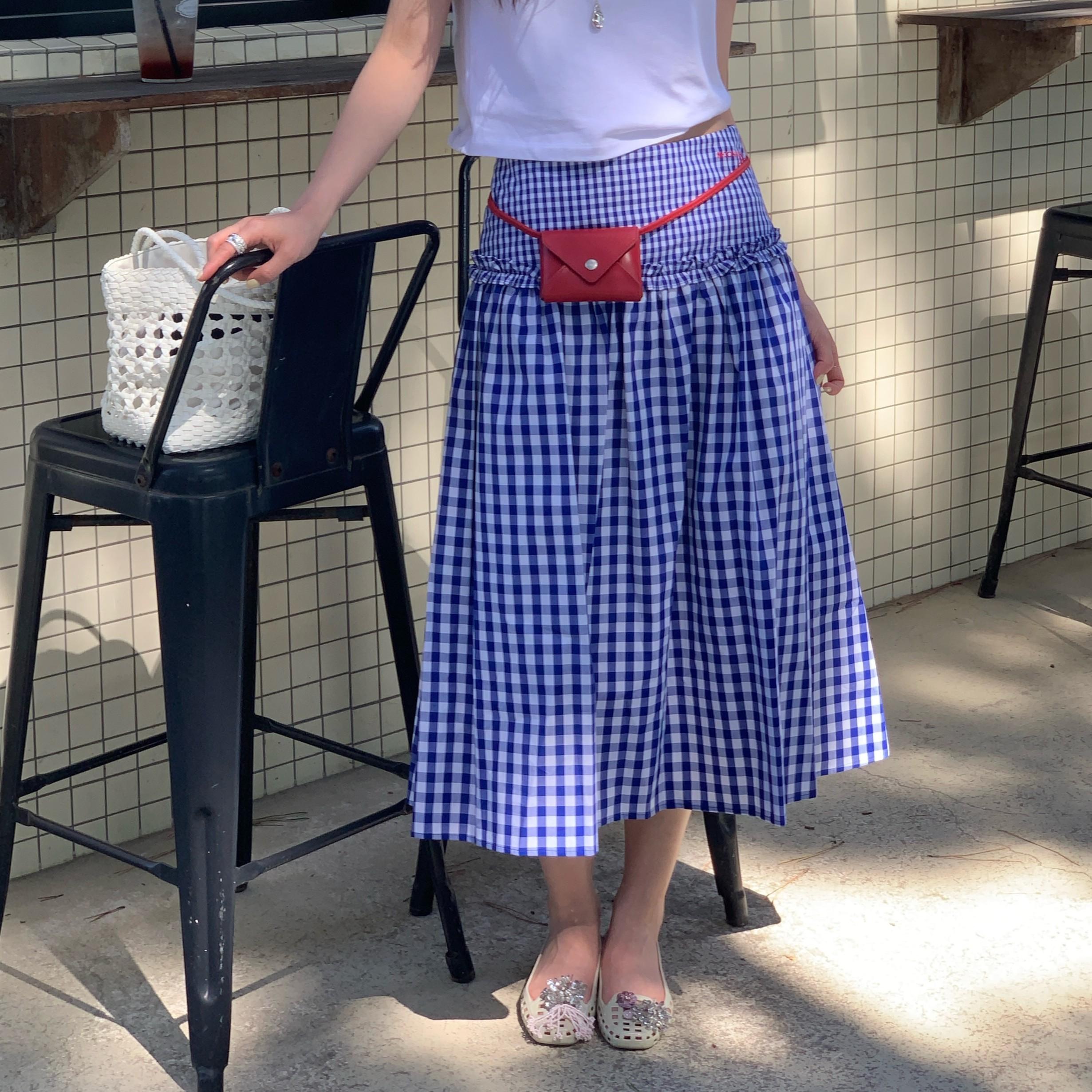 [콘, 수현 PICK] M.C Gingham Check Ruffle Full Skirt / BLUE