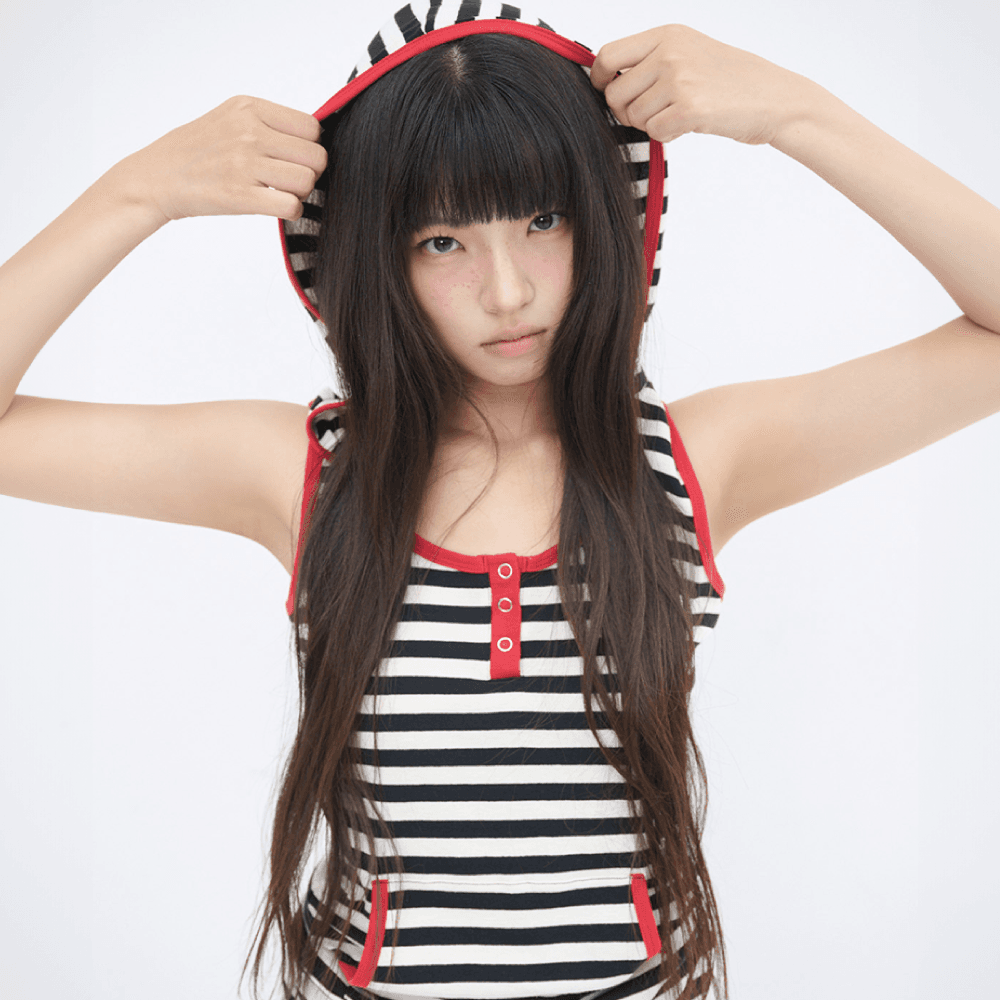 STRIPE HENLEY HOOD SLEEVELESS - BLACK