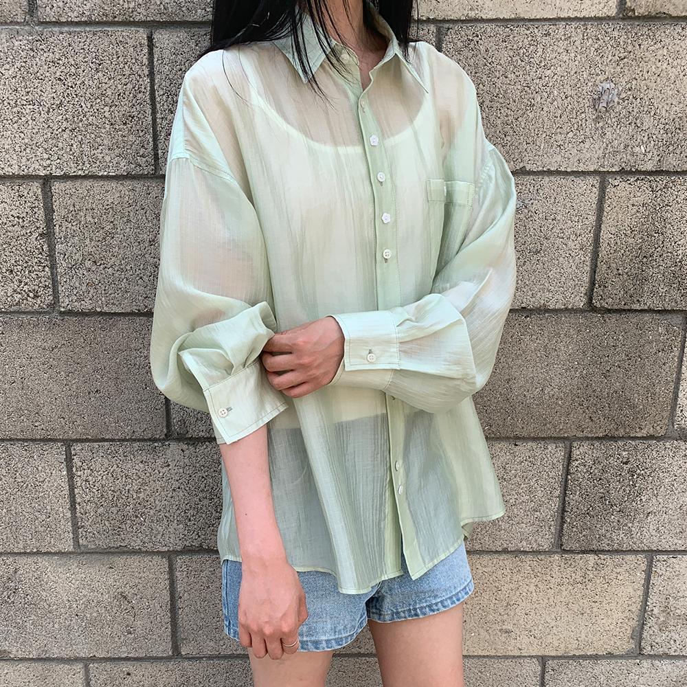 SHEER BUTTON POCKET OVERSIZED SHIRT MINT