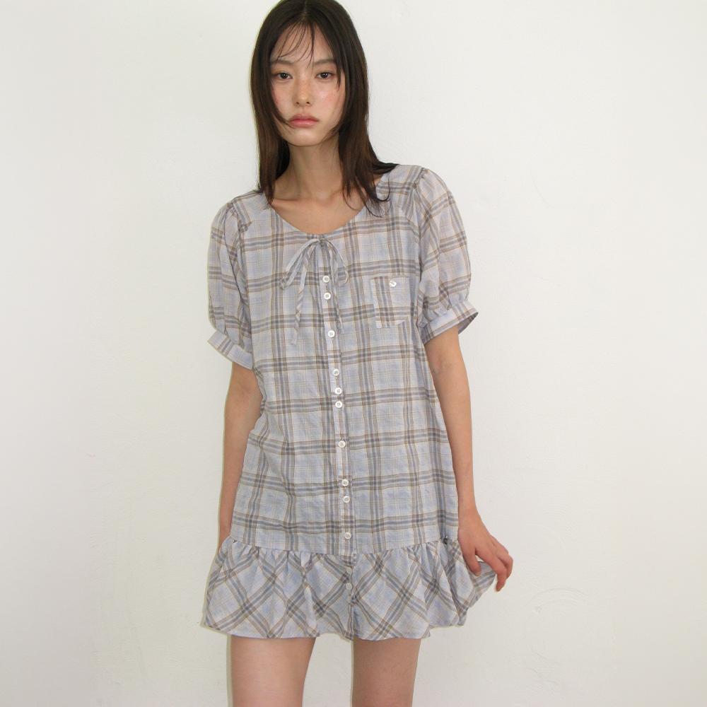 CHECK PUFF SLEEVE MINI DRESS BLOUSE SOFT BLUE