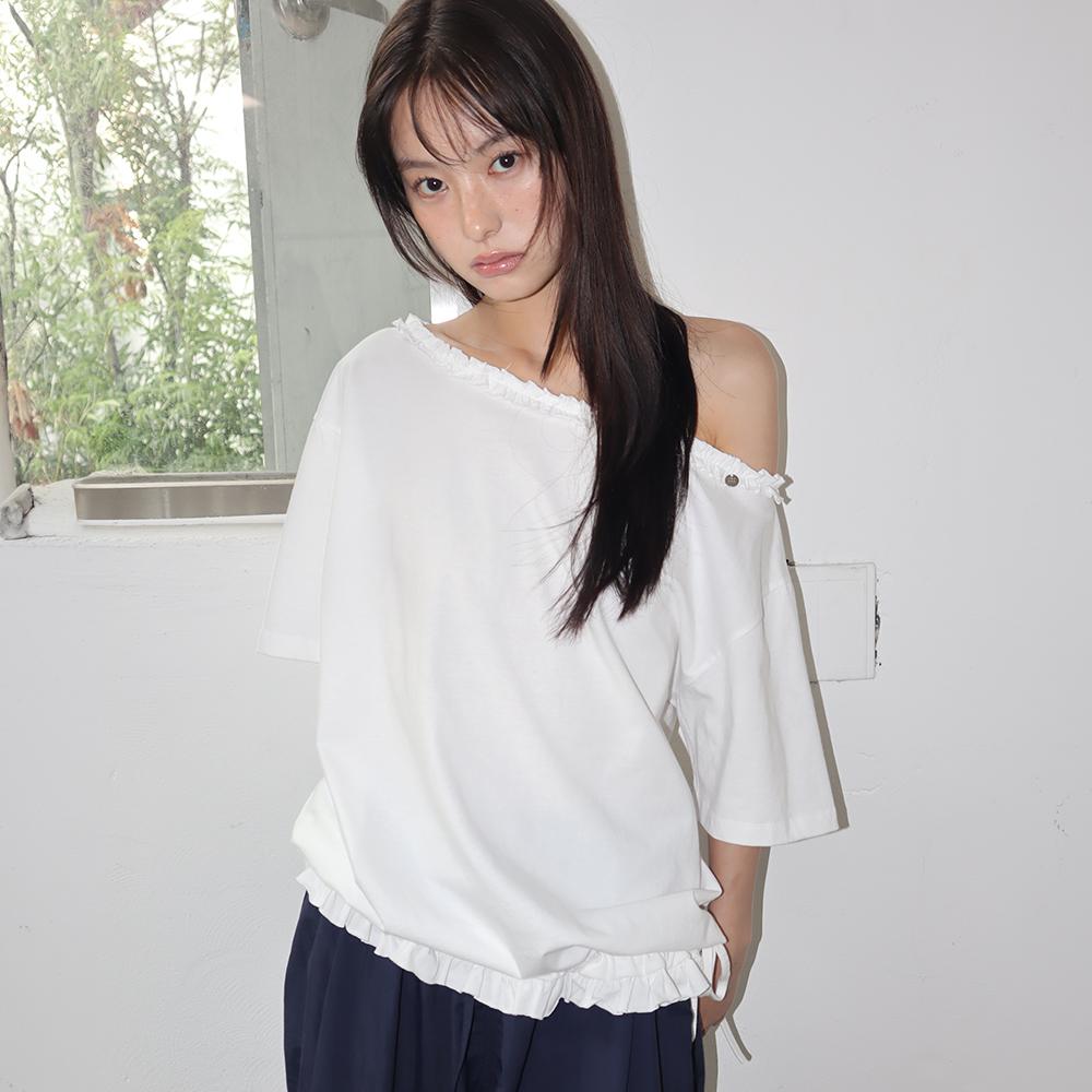 FRILL OFF SHOULDER STRING T SHIRT WHITE