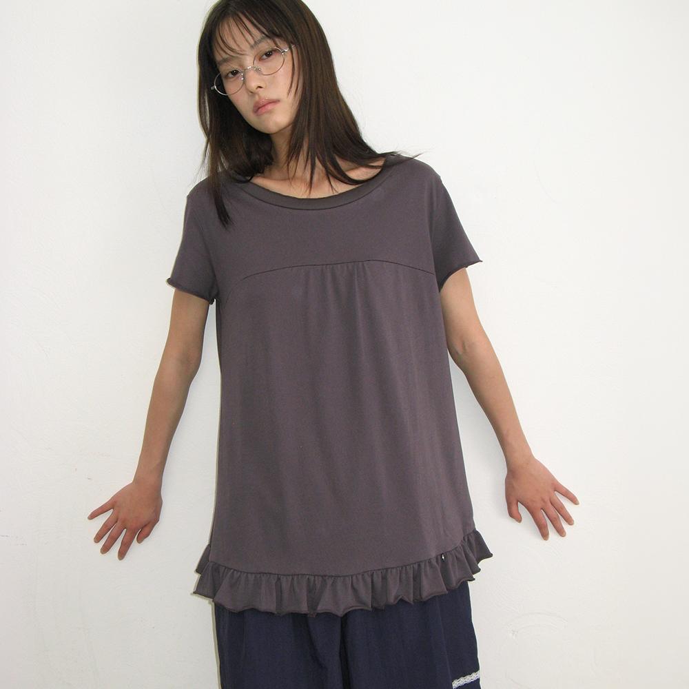 STRING SHIRRING RUFFLE T SHIRT CHARCOAL