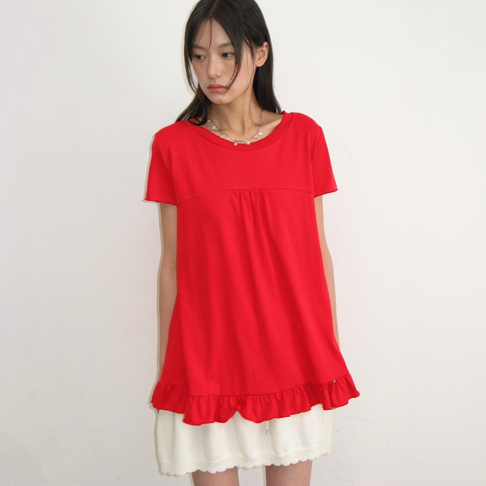 STRING SHIRRING RUFFLE T SHIRT RED