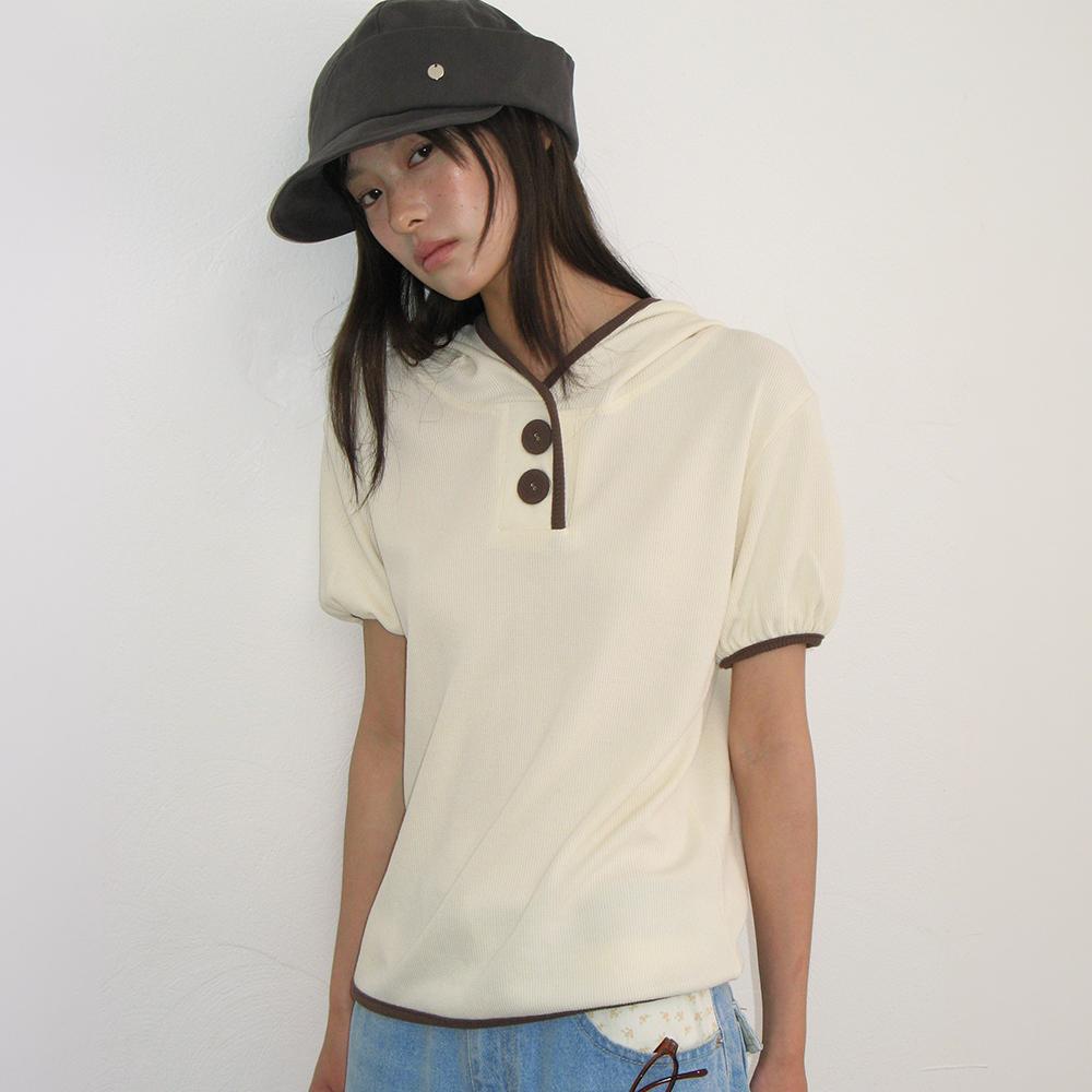WAFFLE BUTTON HALF SLEEVE HOODIE IVORY