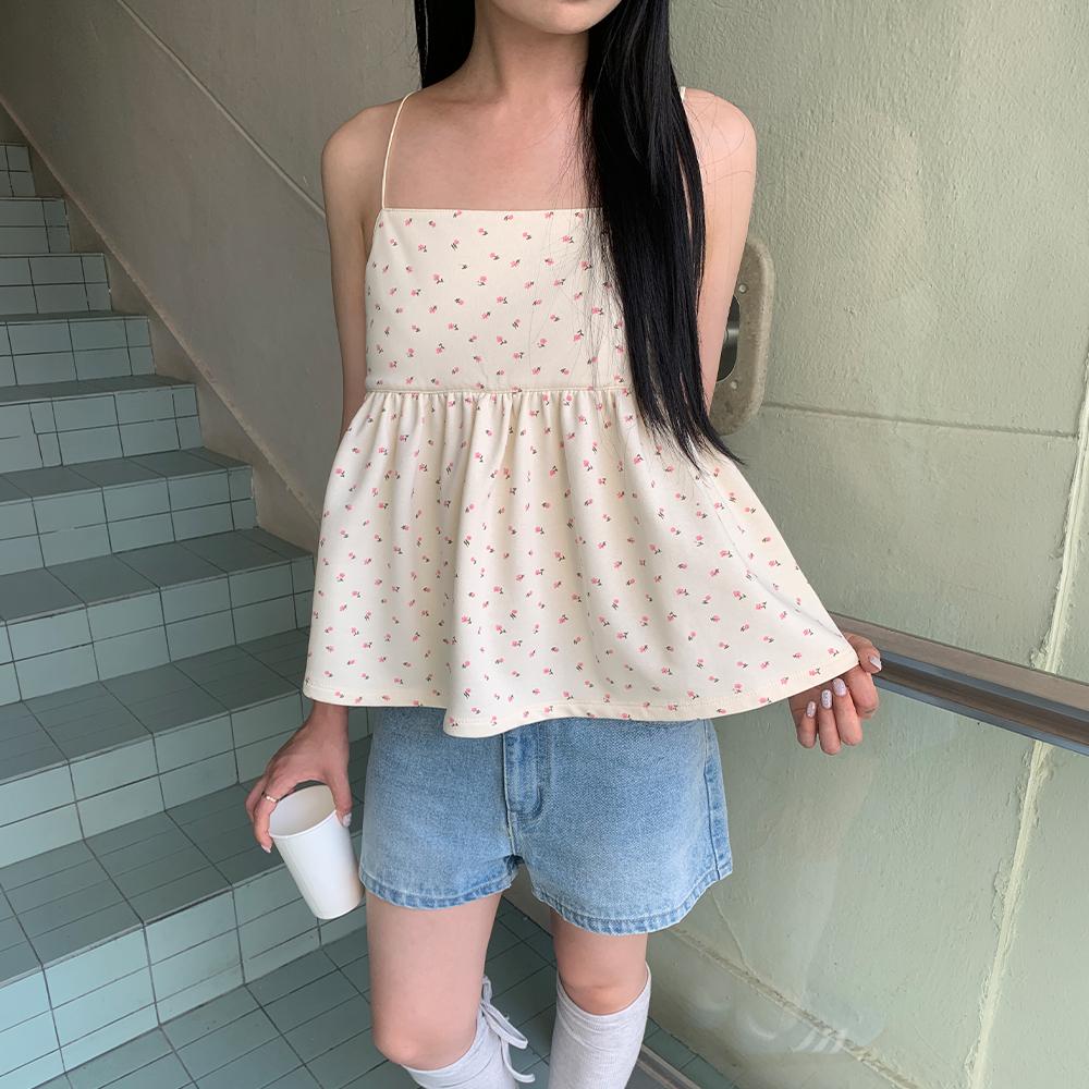 FLORAL RIBBON GATHER SLEEVELESS CREAM