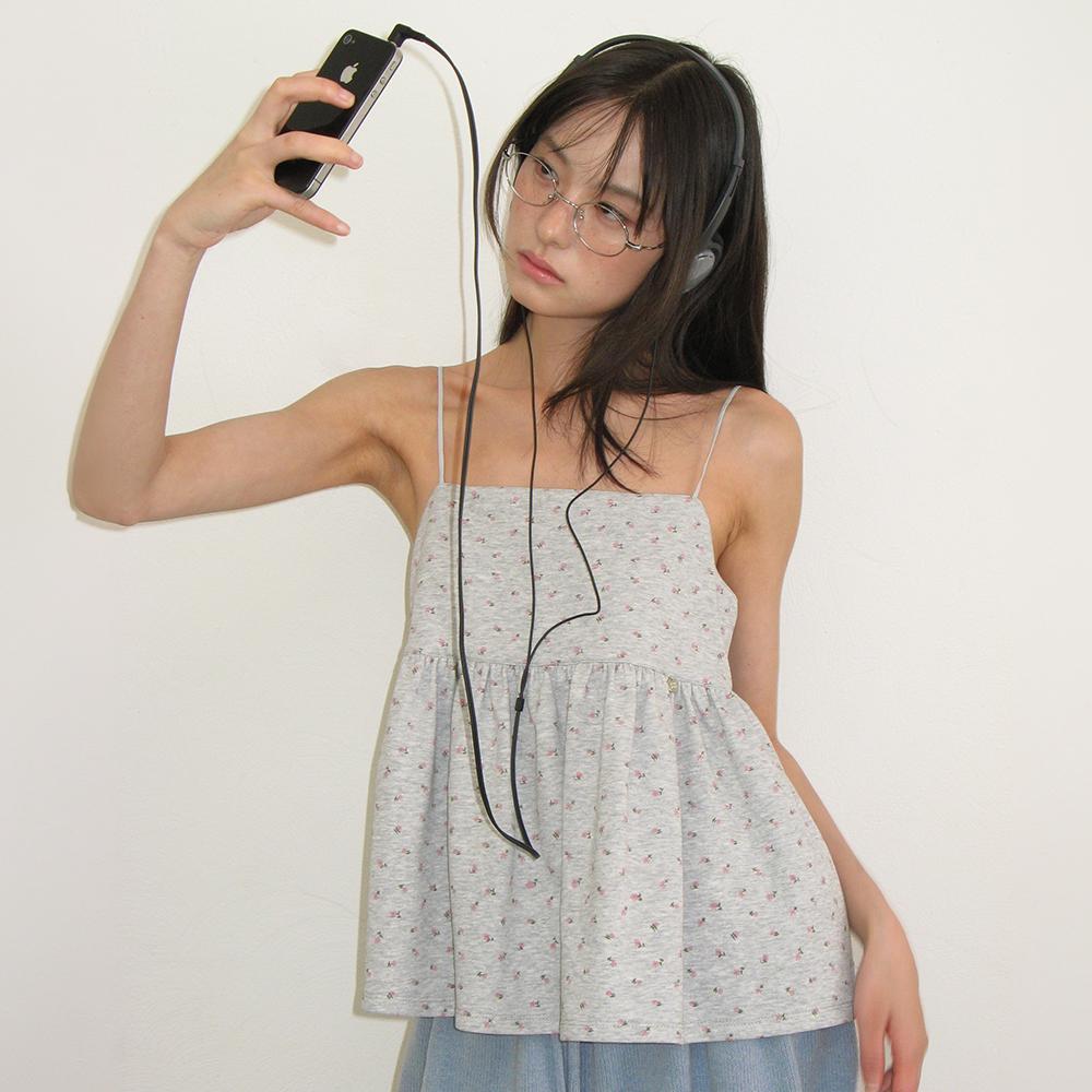 FLORAL RIBBON GATHER SLEEVELESS GREY