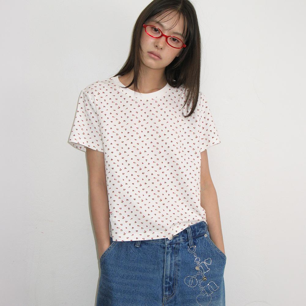 FLORAL MINI LABEL CROP SHORT SLEEVE WHITE