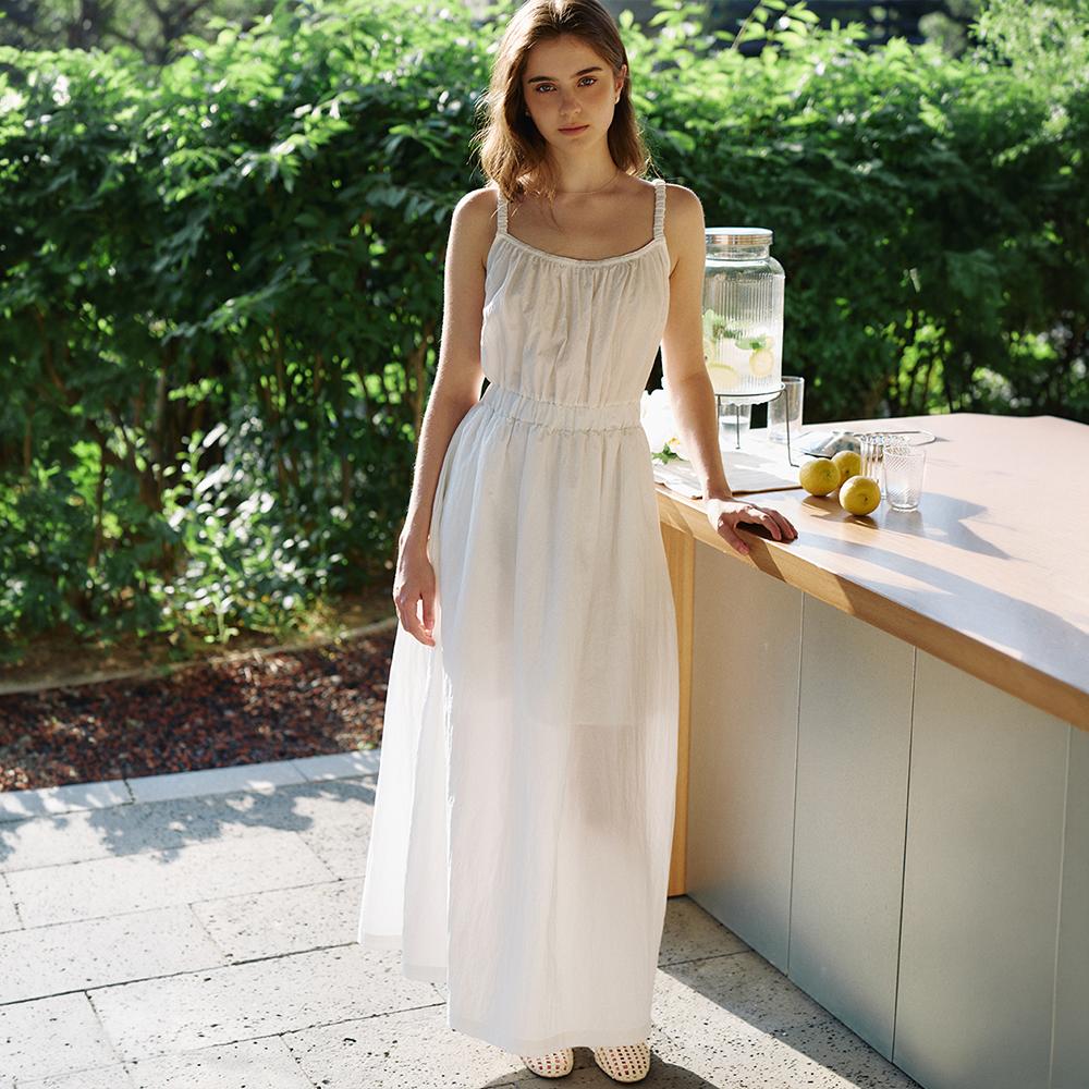LINDY Cotton-Nylon Shirring Detail Maxi Dress_White