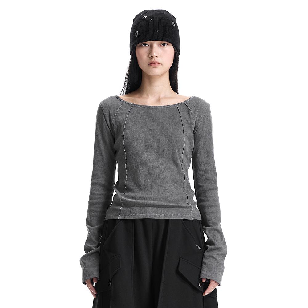 Pigment-Washed Raw Edge Boat Neck T-Shirt [ Gray ]