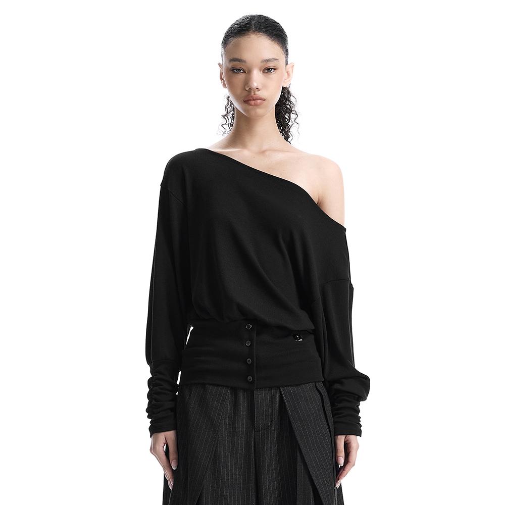 Banded-Waist Blouson Top [ Black ]
