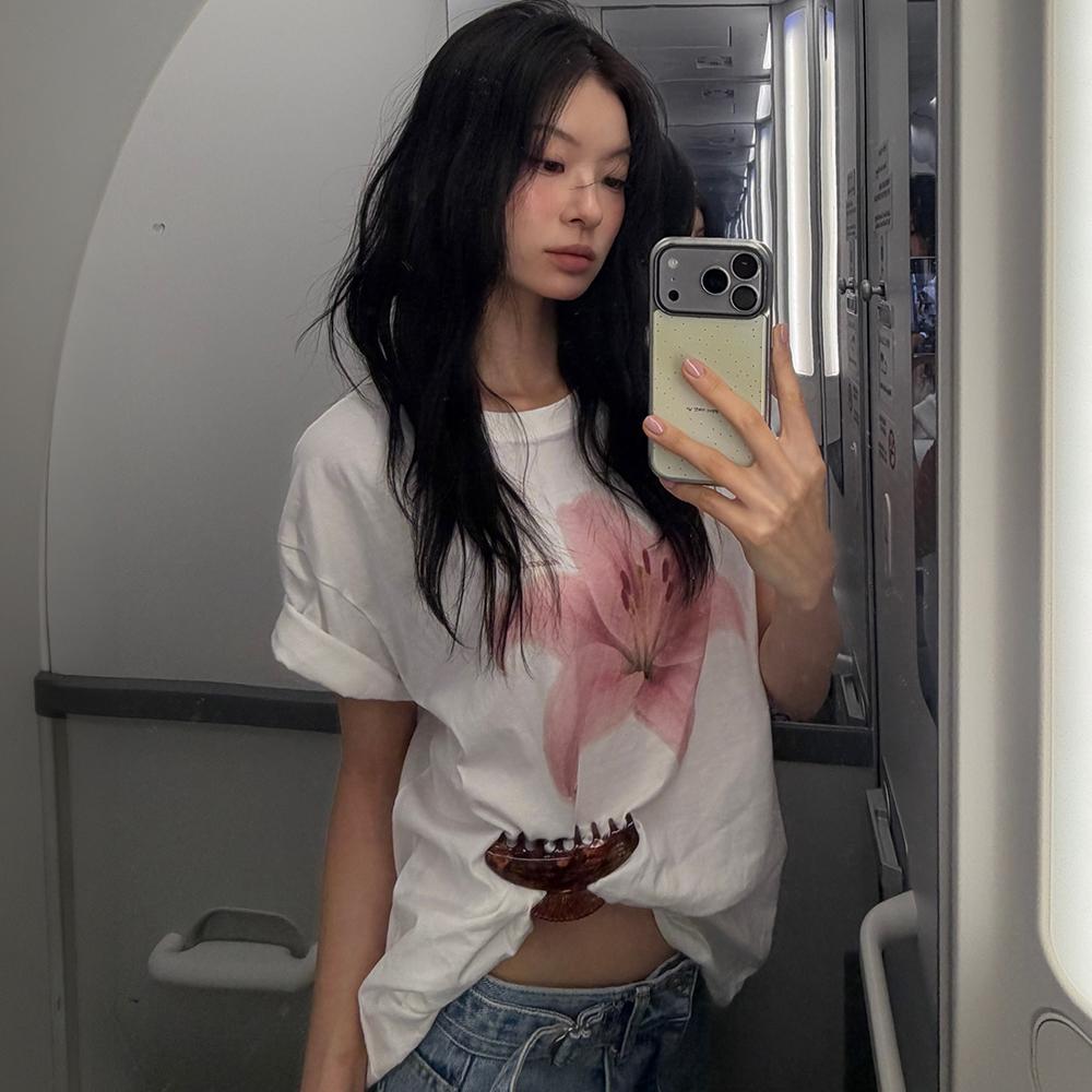 플라워 프린팅 오버사이즈 티셔츠_핑크플라워