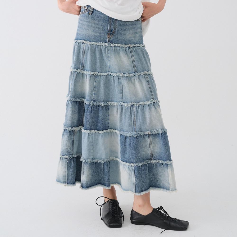 WASHED DENIM CANCAN LONG SKIRT_BLUE