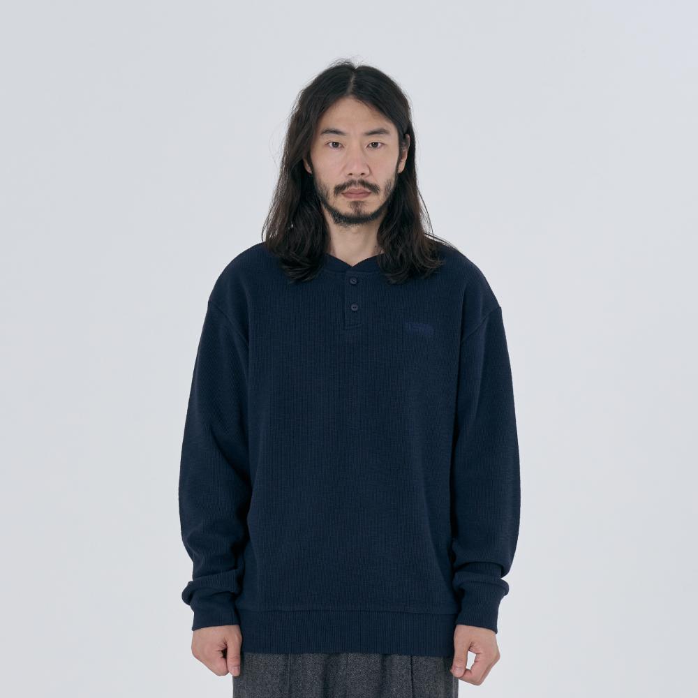 SLUB WAFFLE HENLEY NECK SWEATSHIRTS NAVY