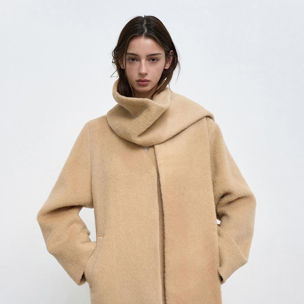 Suri Alpaca V-Neck Collarless Half Coat & Muffler Set_Camel
