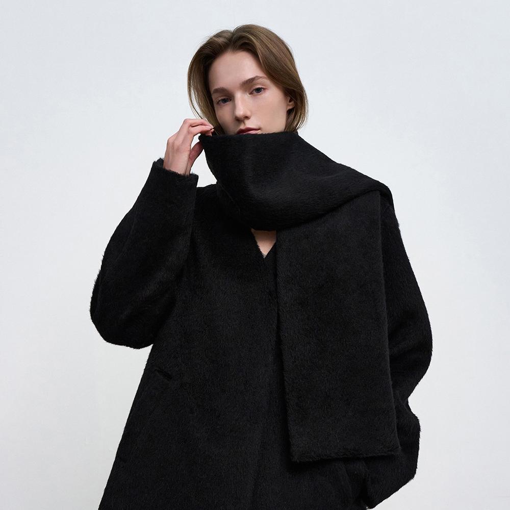 Suri Alpaca V-Neck Collarless Half Coat & Muffler Set_Black