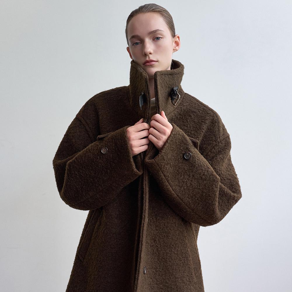 Suri Alpaca Boucl High-Neck Half Coat_Brown
