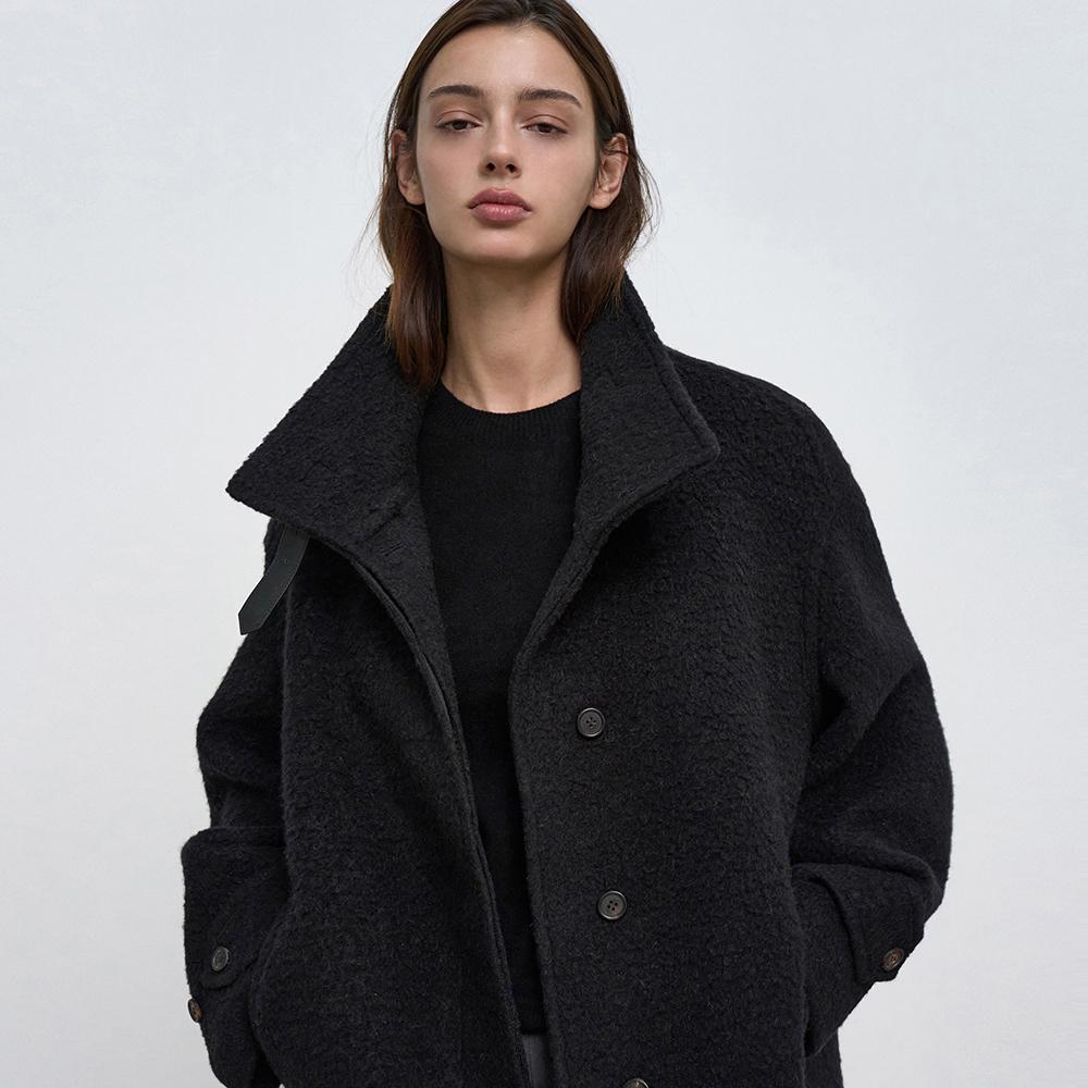 Suri Alpaca Boucl High-Neck Half Coat_Deep Navy