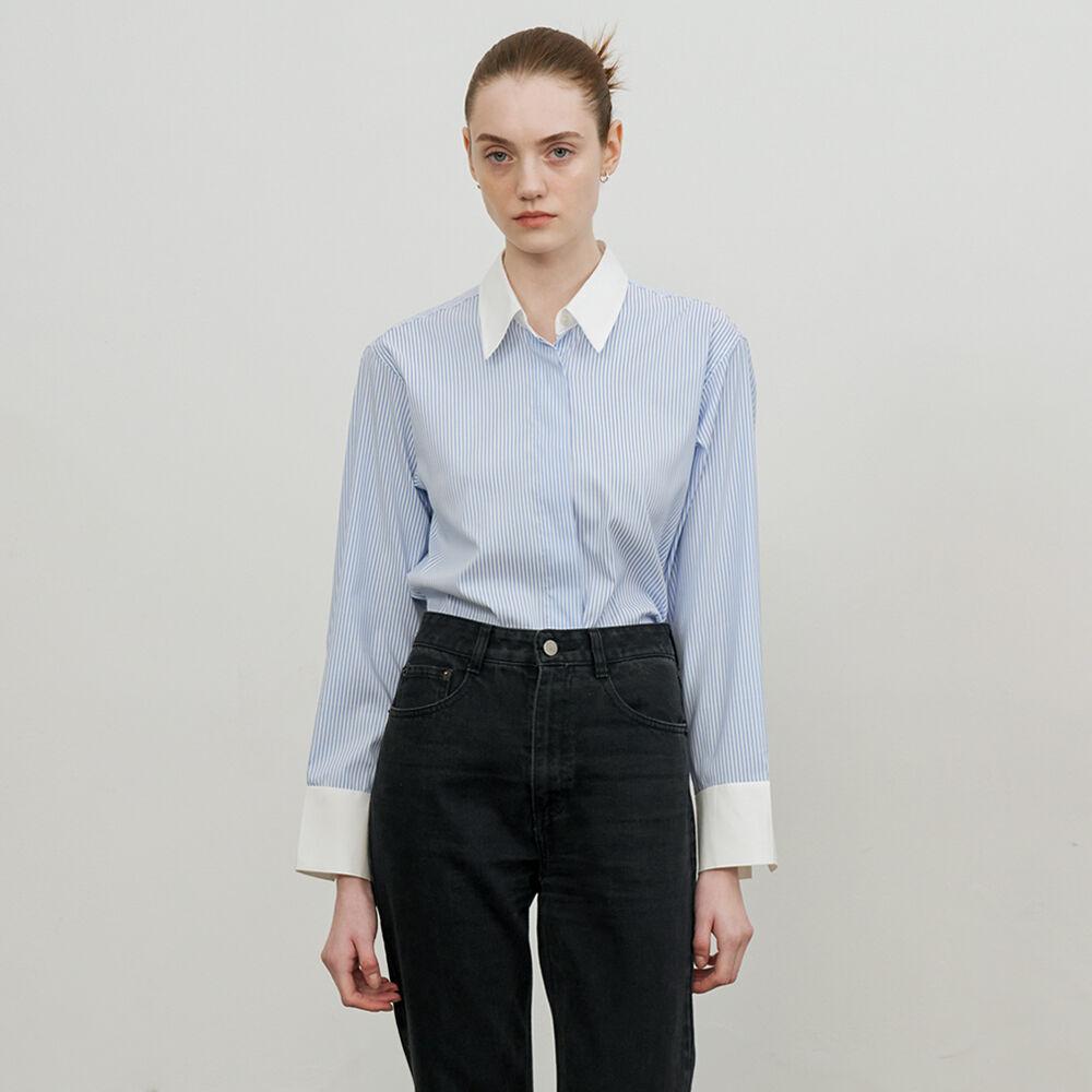 Hidden button cuffs detail stripe shirt (BLUE STRIPE)