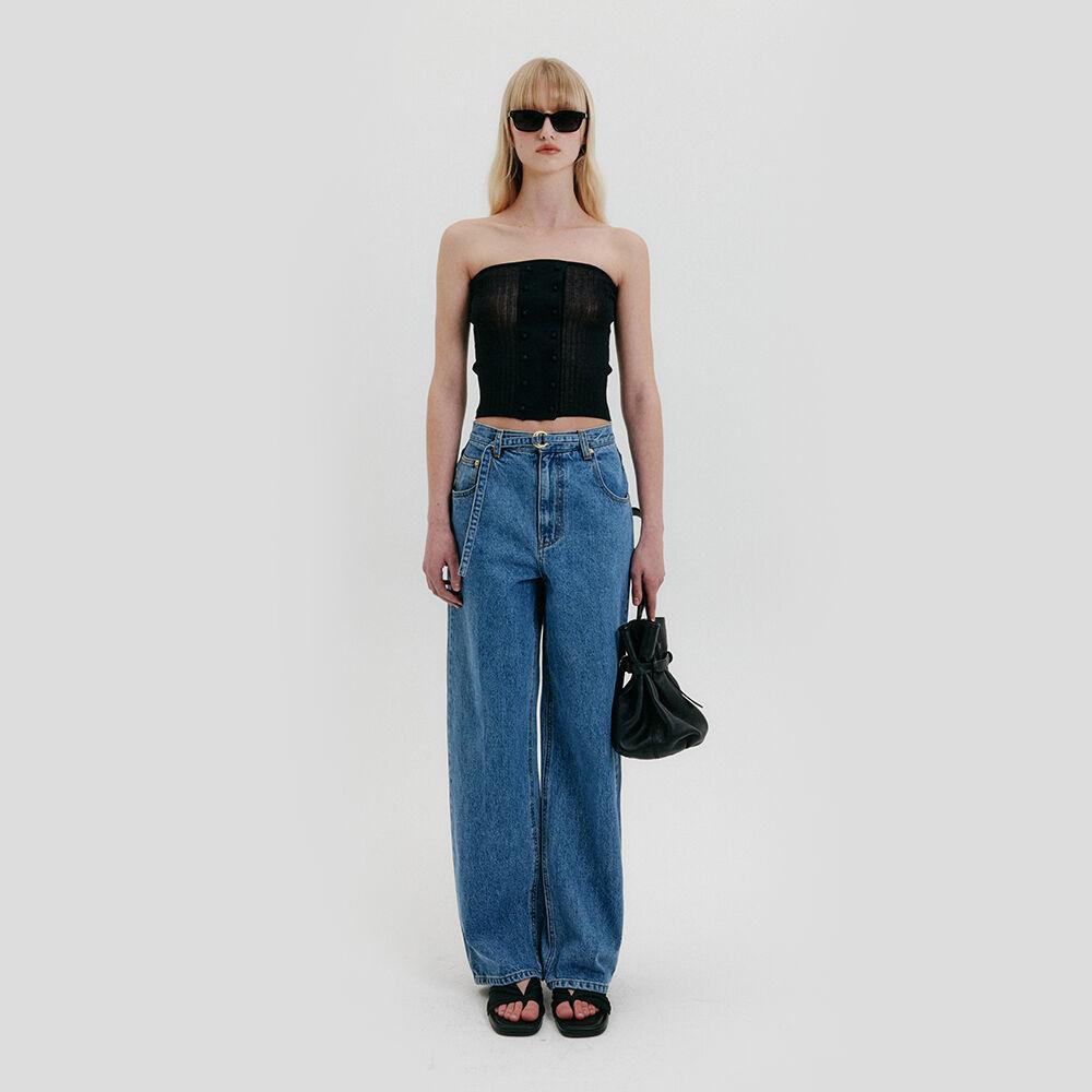 Belted Straight Denim Pants - Light Blue