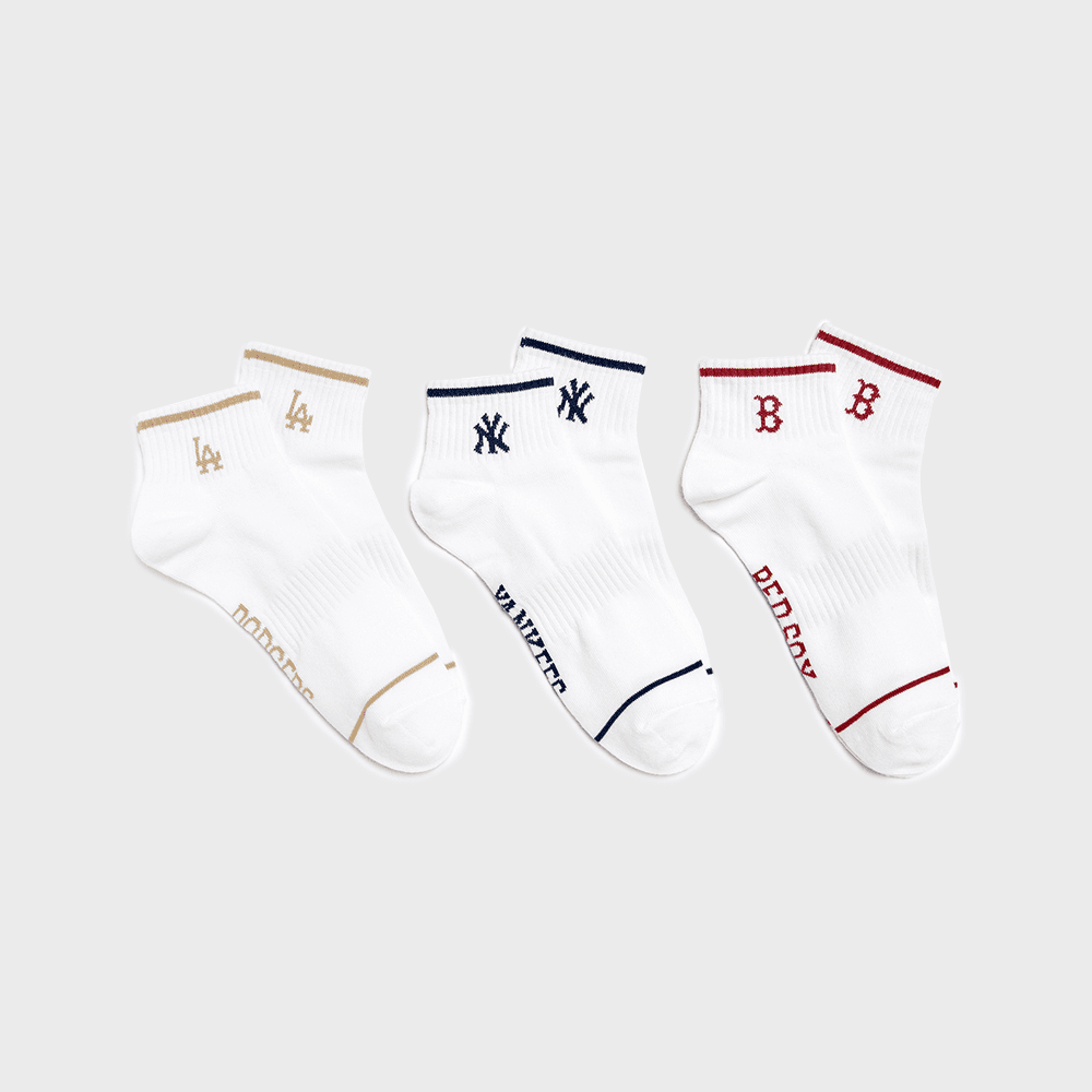 [MLB] 스트라이프 스몰 로고 발목 양말 3족세트 MLB (Beige)
