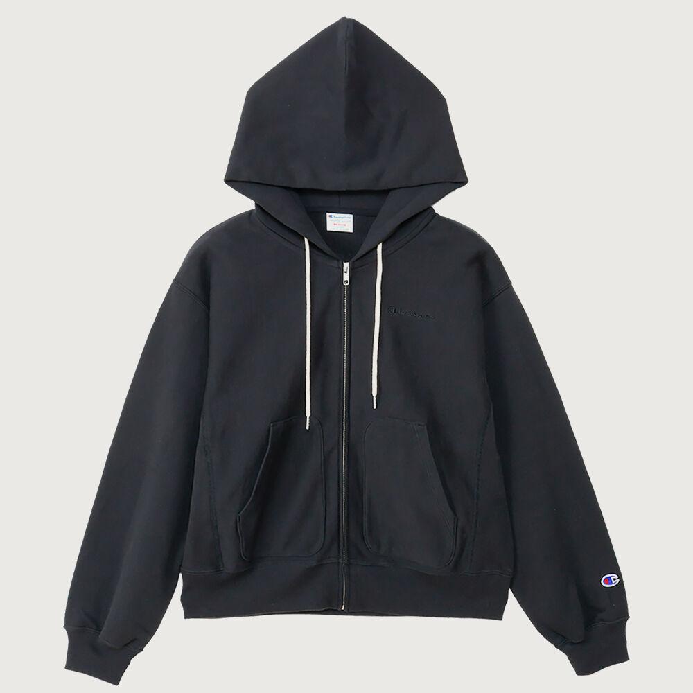 여성 리버스위브 스몰 로고 루즈핏 후드 집업 Off Black