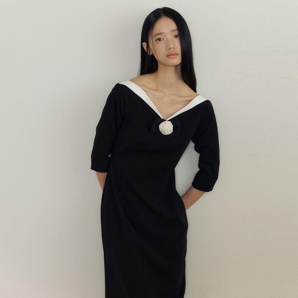 [Lucir zu Amour] Curve-Line Dress & Ribbon Corsage (black)