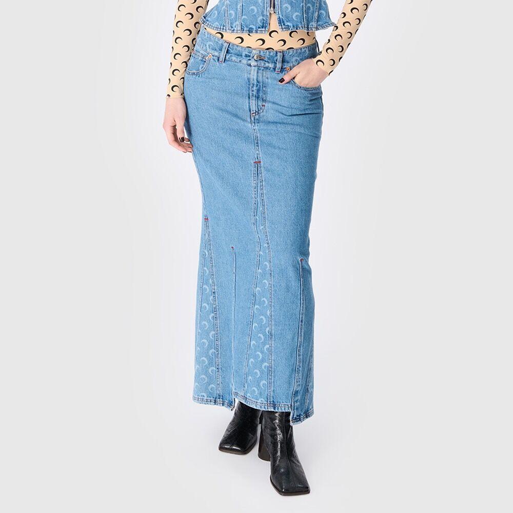(W) 문 레이저 데님 롱 스커트 라이트 블루 MOON LASER DENIM LONG SKIRT LIGHT BLUE