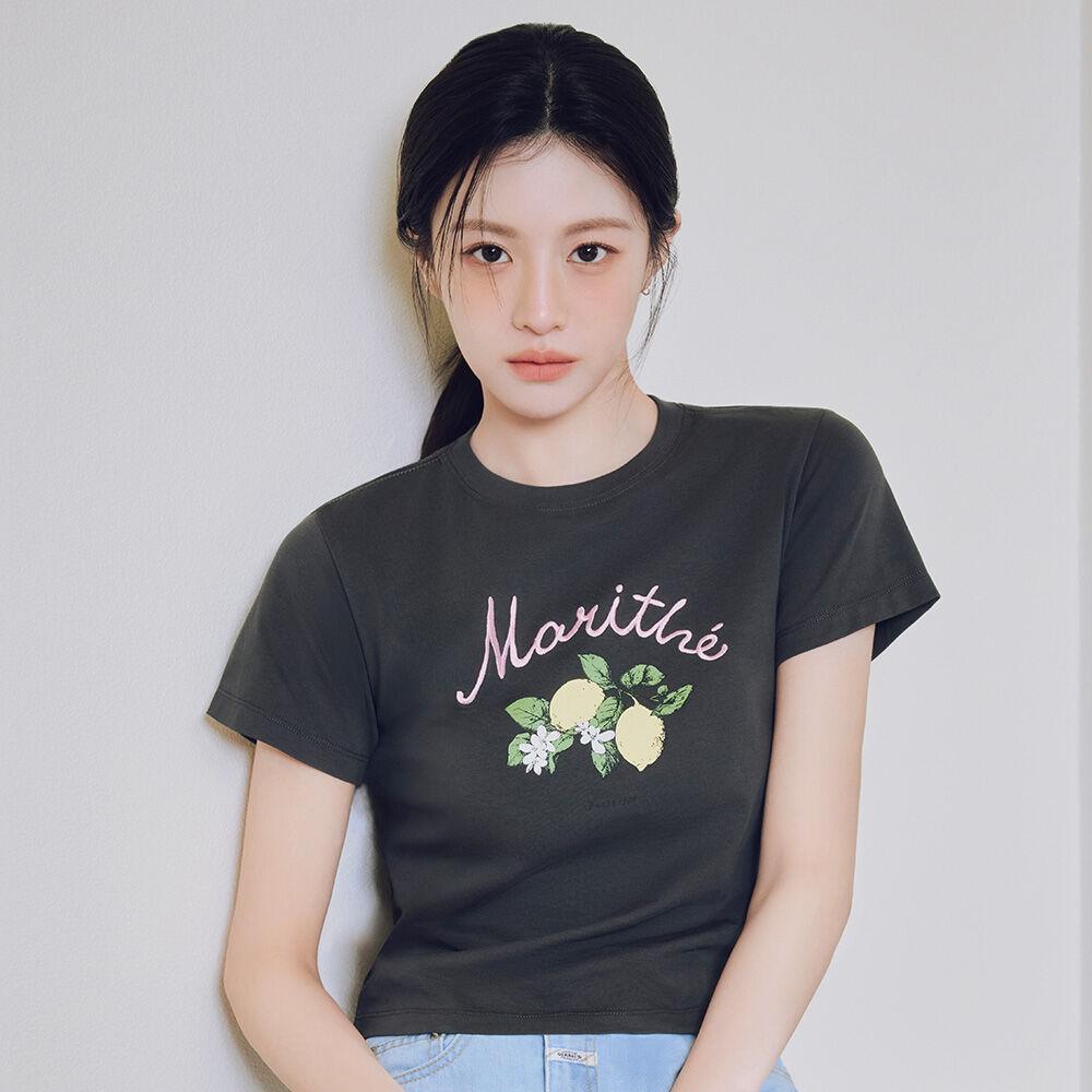 W LEMON GRAPHIC SLIM CROP TEE charcoal
