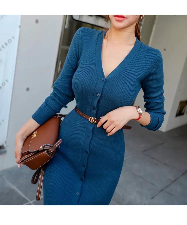 섹시 V넥 골지니트 롱 원피스 슬림핏 벨트원피스 페미닌