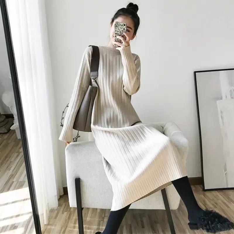 베이직 라운드넥 롱니트원피스 슬림핏 루즈핏 롱스웨터