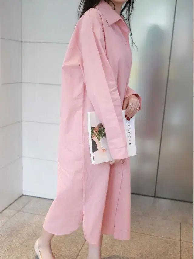 OP00093 루즈핏 핑크 롱 셔츠원피스 청순 여리여리 데일리코디