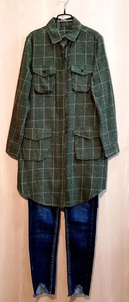 원피스형 롱 체크 셔츠/중간55-66새상품