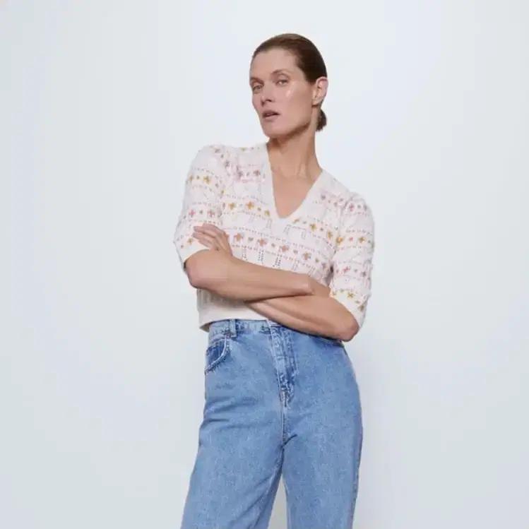 ZARA 자라 자카드 스웨터 반팔 브이넥 니트 크롭 봄 가디건 빈티지