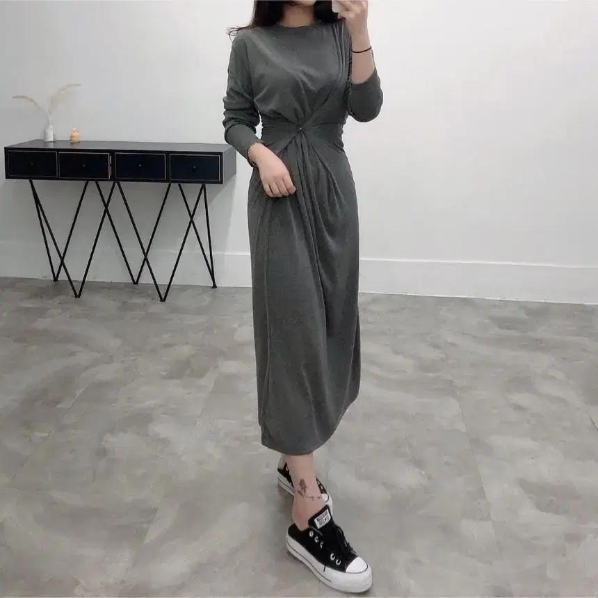 새상품 3way 라운드 긴팔 버튼 랩 롱 원피스