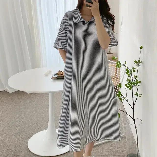 빅사이즈 카라 스트라이프 홀원피스 롱원피스 데일리 줄무늬 단가라 임부복