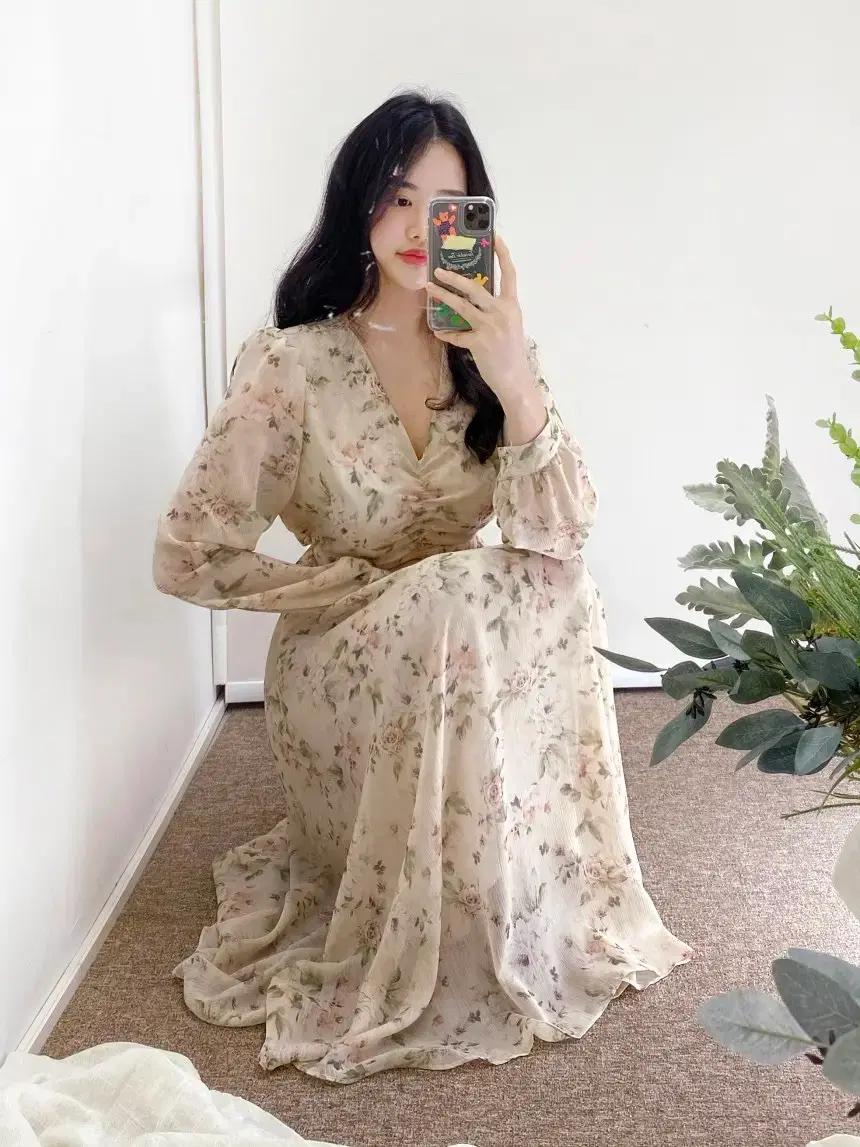 봄 여름 쉬폰 러플 셔링 플라워 나염 롱 브이넥 꽃무늬 원피스