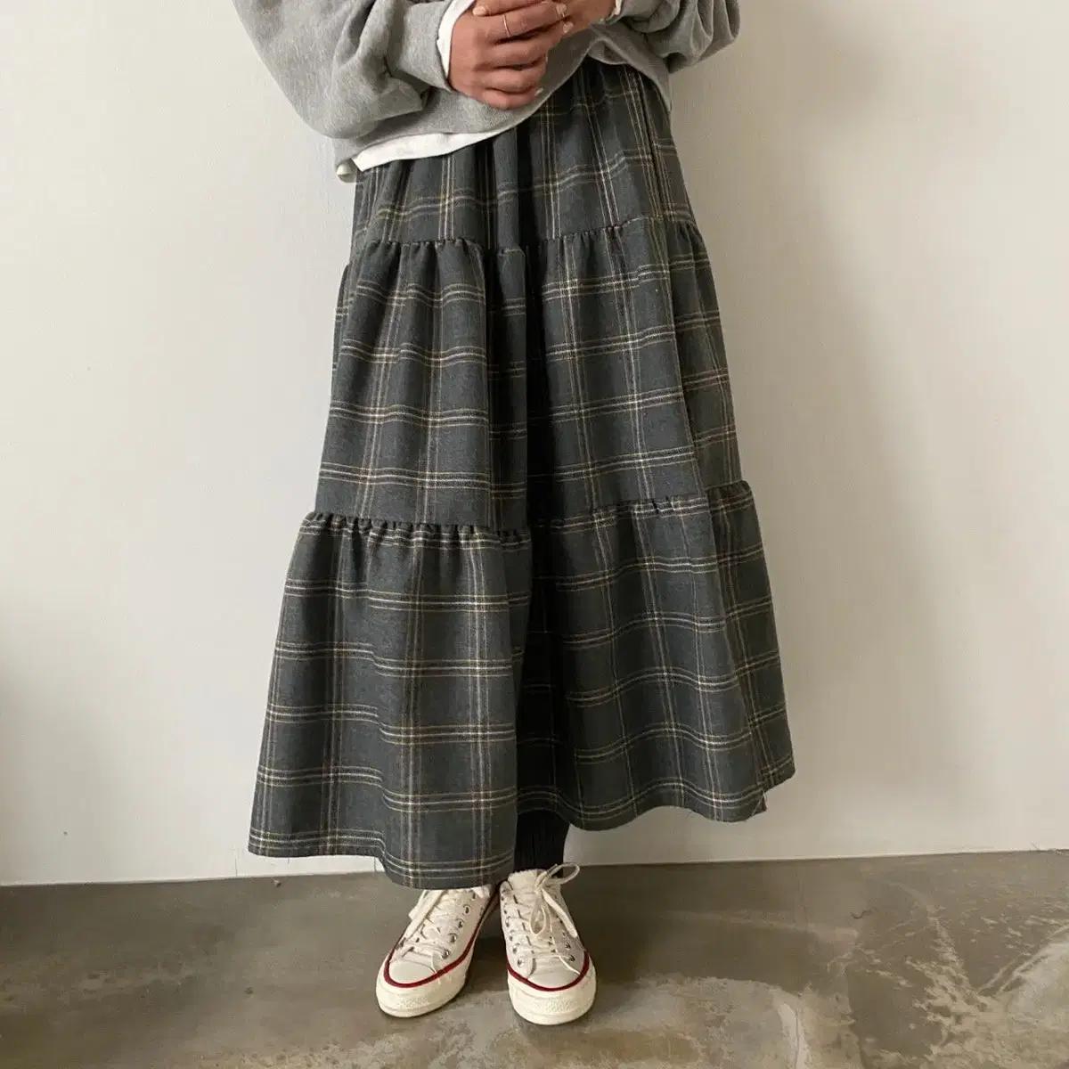 복고풍 데일리 밴딩 체크스커트 에이라인 3단 캉캉 심플 캐주얼 플레어 롱